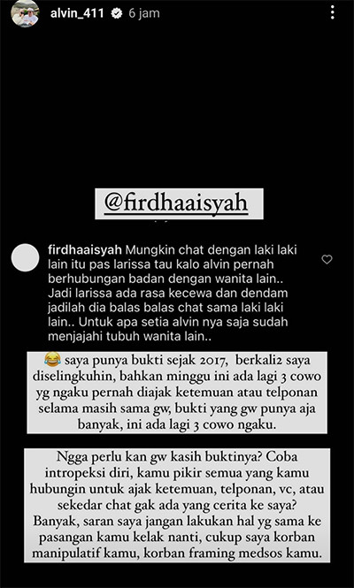 Ngaku Diselingkuhi Larissa Chou Berkali-Kali, Alvin Faiz Beri Peringatan Menohok