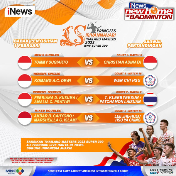 LIVE di iNews! Dukung Perjuangan Jago Indonesia demi Melaju ke Babak 16 Besar Thailand Masters 2023