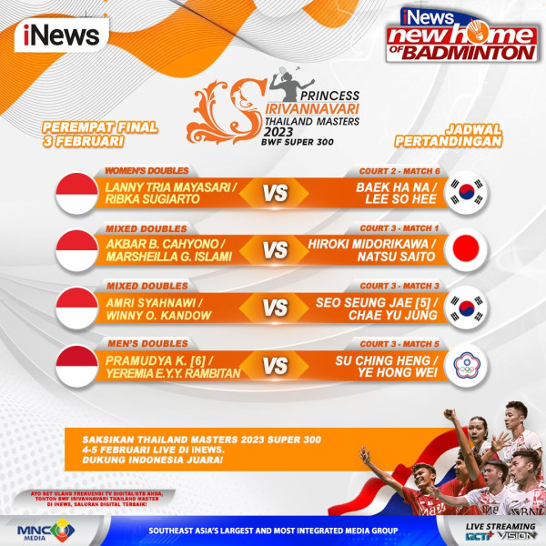 LIVE di iNews! Saksikan Perjuangan 9 Wakil Terbaik Indonesia di Perempat Final Thailand Masters 2023