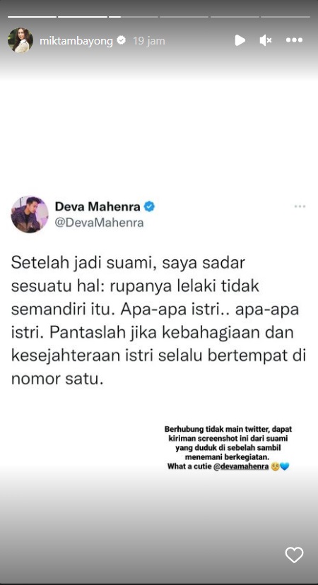 Deva Mahenra Tulis Pesan Romantis untuk Mikha Tambayong: Kebahagiaan Istri Nomor Satu
