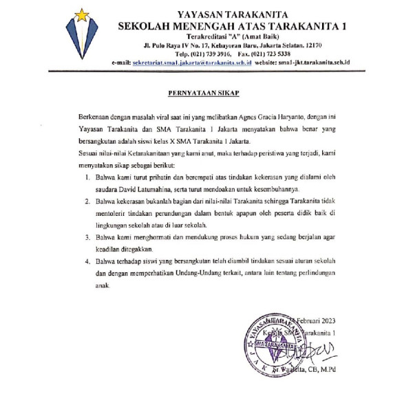 SMA Tarakanita 1 Beri Sanksi Tegas Siswi A, Pacar Mario Dandy Penganiaya David