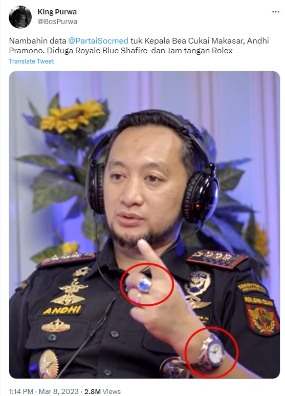 Kepala Bea Cukai Makassar Andhi Pramono Diduga Pakai Jam Tangan Rolex Rp358 Juta
