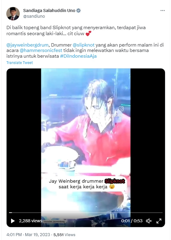 Drummer Slipknot Bulan Madu di Bali, Sandiaga Ucapkan Terima Kasih Promosikan Keindahan Pariwisata Indonesia
