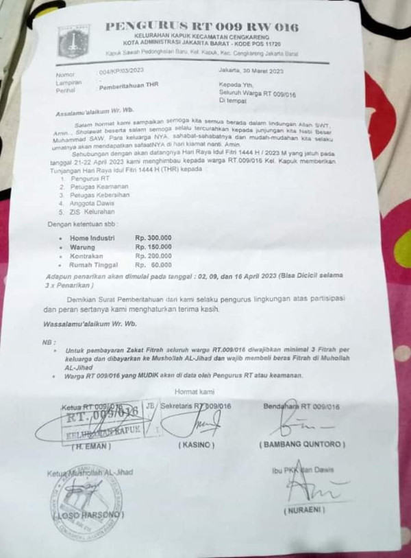 Viral! Pengurus RT di Cengkareng Minta THR Rp60.000-300.000 ke Warga