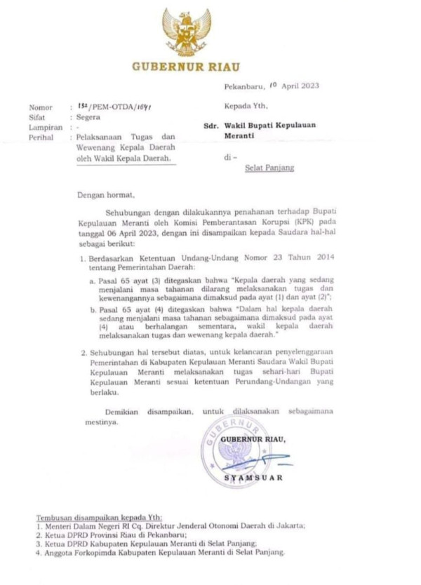Bupati Meranti Kena OTT KPK, Gubernur Riau Tunjuk Wabup Jadi Plt