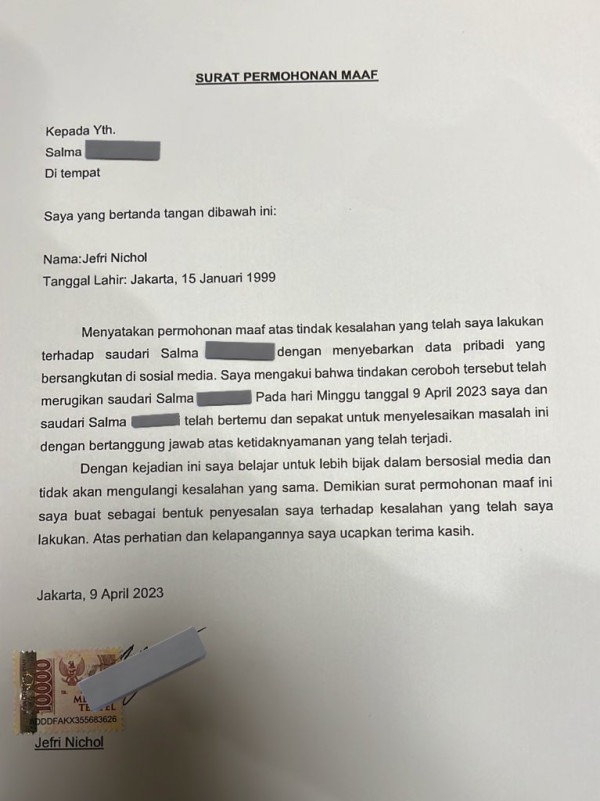 Jefri Nichol Minta Maaf ke Korban Doxing Pakai Surat Bermaterai, Janji Tidak Akan Mengulangi