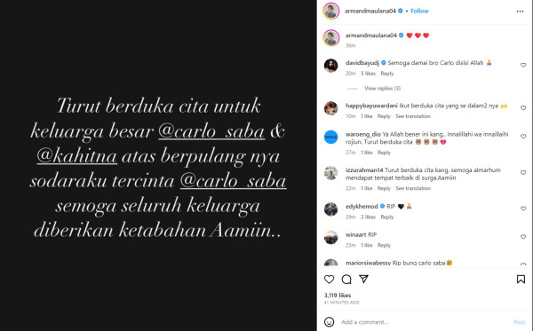 Carlo Saba Meninggal Dunia, Armand Maulana Berduka