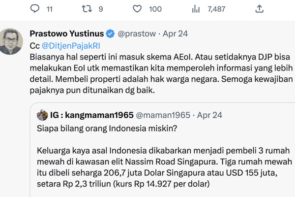 Crazy Rich Indonesia Beli Rumah Rp2,3 Triliun di Singapura, DJP Kejar lewat AEoI