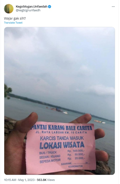 Heboh Tiket Masuk Pantai Karang Bale Carita Rp500 Ribu, Netizen: Nggak Wajar Puter Balik Aja