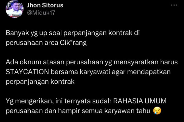 Viral Perusahaan di Cikarang Syaratkan Karyawati Tidur Bareng untuk Perpanjang Kontrak, Warganet: Mengerikan!