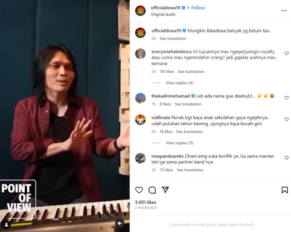 Ahmad Dhani Kena Protes Baladewa Gegara Unggah Video Once Mekel di Instagram Dewa 19
