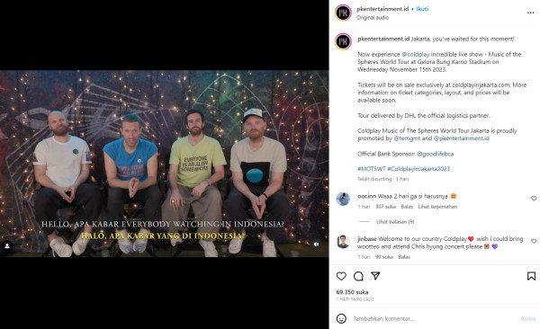 Coldplay Konser di Jakarta 15 November, Chris Martin: Kami Sangat Bersemangat