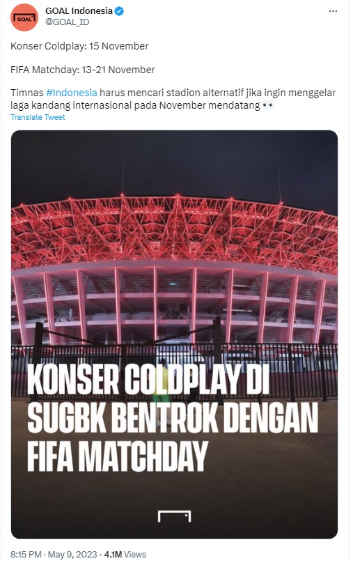 Konser Coldplay di Jakarta Bentrok dengan FIFA Matchday, Suporter Bola Meradang