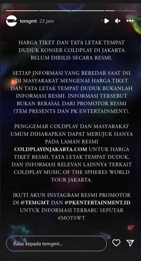 Promotor Tegaskan Belum Rilis Tiket Konser Coldplay di Jakarta