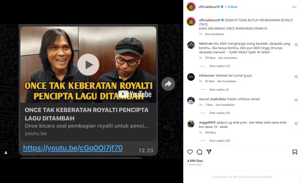 Ahmad Dhani Tegaskan Tak Butuh Royalti dari Once, tapi Tetap Larang Nyanyikan Lagu Dewa 19