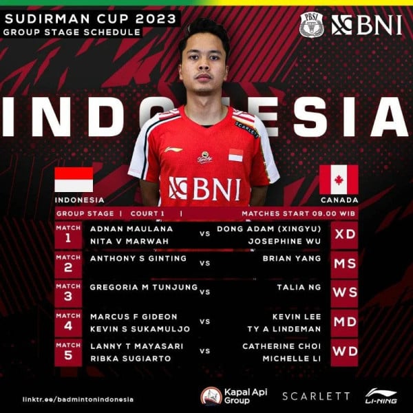 Piala Sudirman 2023: Susunan Pemain Indonesia vs Kanada, Andalkan Marcus/Kevin di Ganda Putra