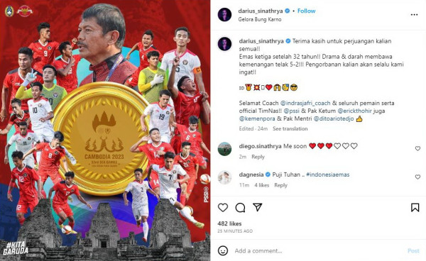 Indonesia Juara Sepakbola SEA Games 2023, Darius Sinathrya: Emas Ketiga setelah 32 Tahun