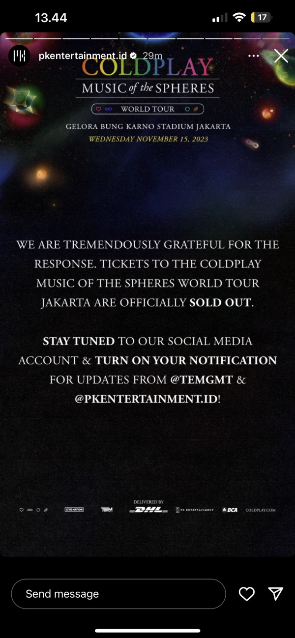 Semua Kategori Tiket Konser Coldplay di Jakarta Ludes Terjual