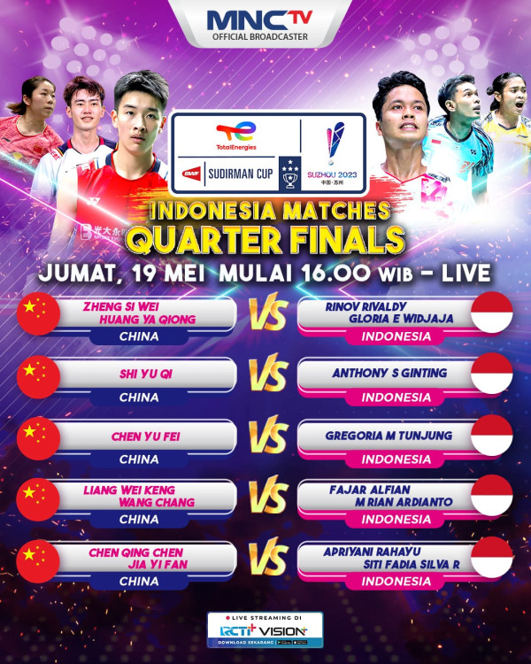 LIVE di MNCTV! Saksikan Perjuangan Indonesia Hadapi China di Perempat Final Sudirman Cup 2023