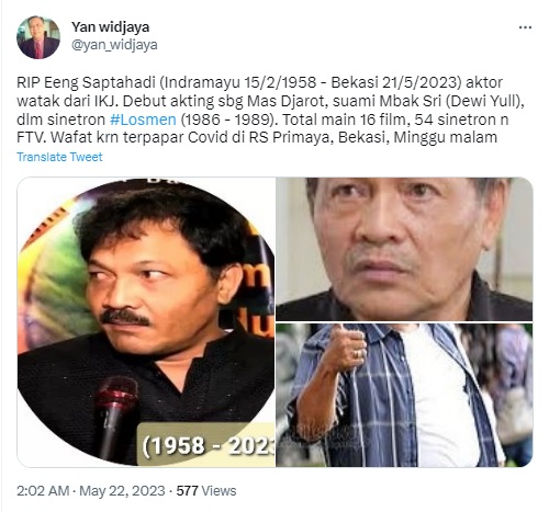 Aktor Eeng Saptahadi Meniggal Dunia di Usia 65 Tahun