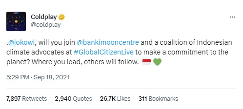 Coldplay Ternyata Pernah Ajak Presiden Jokowi Tangani Krisis Iklim Lewat Twitter