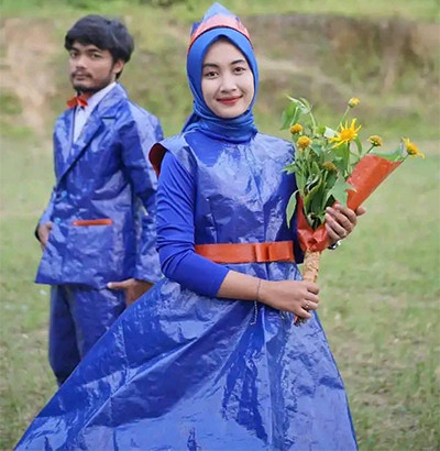 Viral! Pasangan Calon Pengantin Foto Prewedding Pakai Baju dari Terpal Pecel Lele
