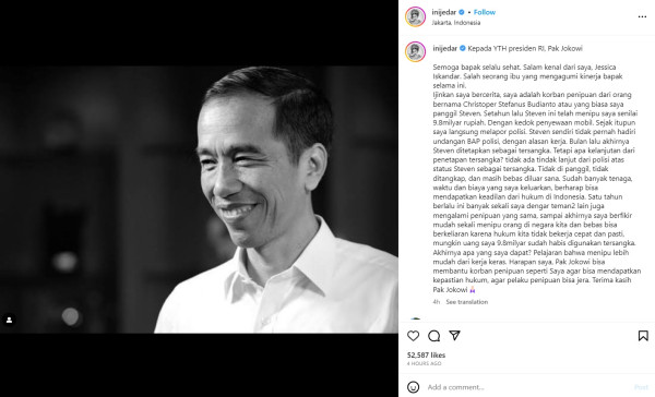 Jessica Iskandar Tulis Surat untuk Presiden Jokowi, Putus Asa Kasus Penipuan Tak Kunjung Ada Kejelasan