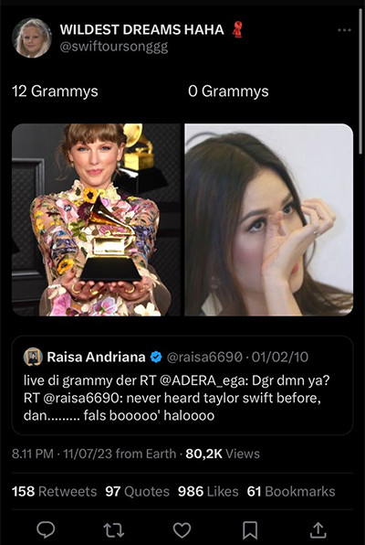 Raisa Diolok-olok Netizen usai Sebut Suara Taylor Swift Fals pada Cuitan Lawasnya: 12 vs 0 Grammy