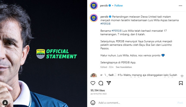 Alasan Ini Membuat Persib Bandung Resmi Berpisah dengan Luis Milla