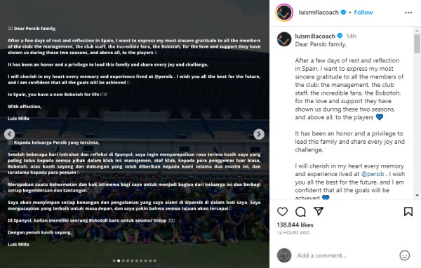 Pesan Menyentuh Luis Milla usai Berpisah dari Persib Bandung