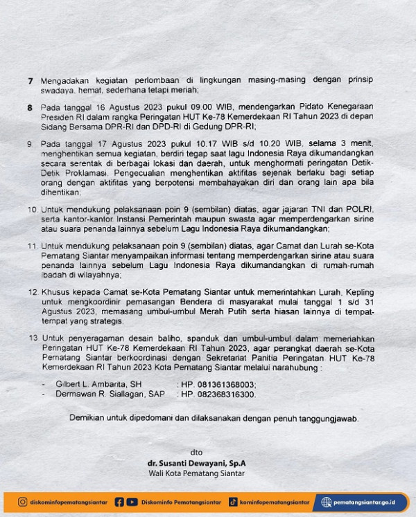 Wali Kota Pematang Siantar Ajak Masyarakat Semarakkan HUT RI ke-78 lewat Surat Edaran