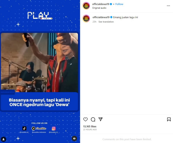 Akun Instagram Dewa 19 Sentil Once Mekel yang Main Drum Lagu Ciptaan Ahmad Dhani