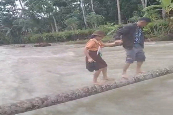 Miris! Tak Ada Jembatan, Siswa SD Bertaruh Nyawa Seberangi Sungai dengan Melintasi Batang Kelapa