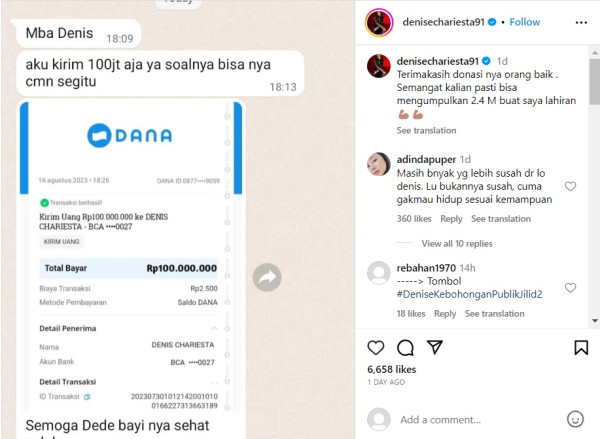 Denise Chariesta Pamer Bukti Transfer Donasi Rp100 Juta untuk Biaya Lahiran, Netizen Curiga Editan