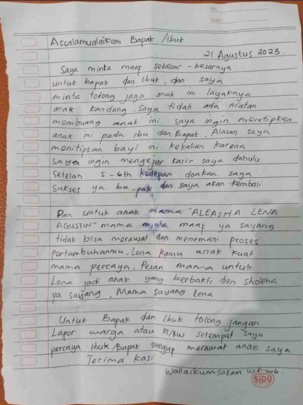 Heboh Bayi Perempuan Diletakkan di Rumah Warga Disertai Susu dan Surat Berisi Pesan Mengharukan