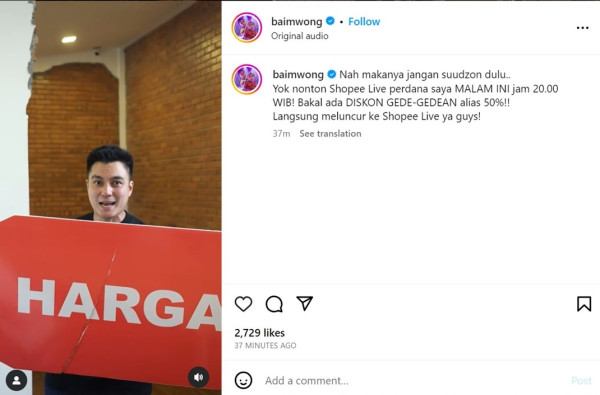 Viral Video Baim Wong Marah, Ternyata Persiapan Tambah Lapak Jualan Streaming ke Shopee Live