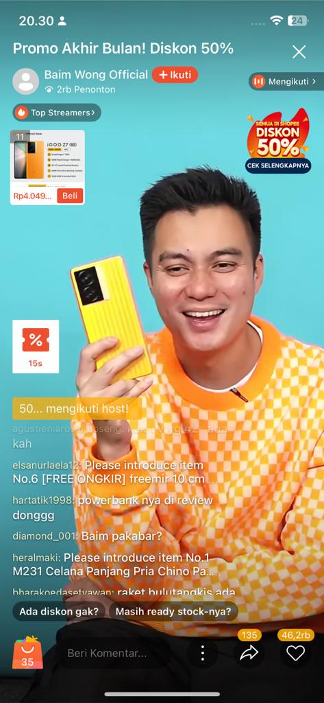 Spektakuler! Hanya dalam 2 Jam, Baim Wong Sukses Raih Omset Hingga 600 Juta dalam Sesi Shopee Live Perdananya