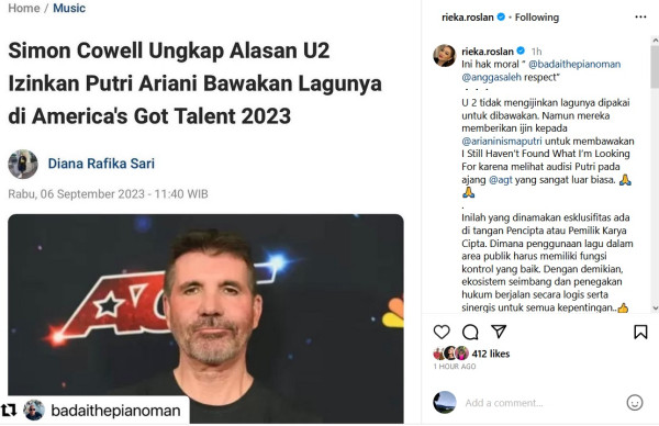 Heboh Band U2 Izinkan Putri Ariani Bawakan Lagunya di AGT, Rieka Roslan Singgung Hak Komposer