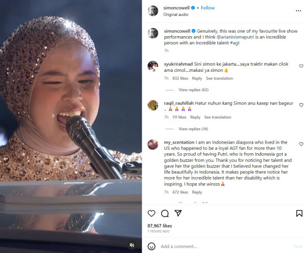 Simon Cowell Unggah Video Putri Ariani di Semifinal America's Got Talent: Pertunjukan Favoritku