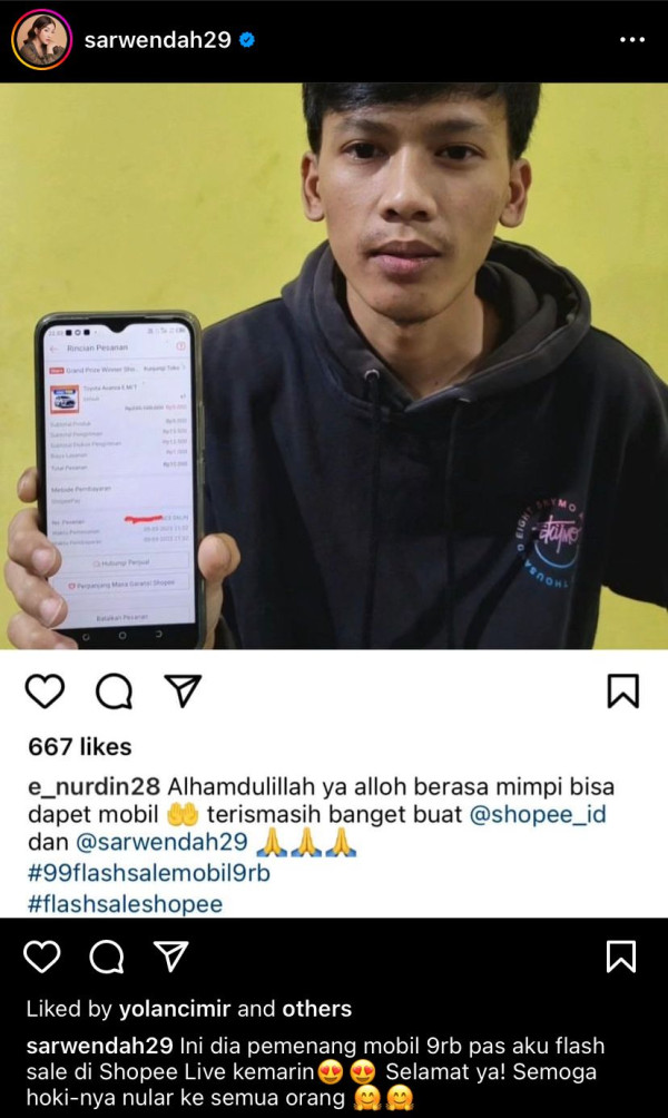 Flash Sale Mobil 9RB di Shopee Live bareng Sarwendah Ditonton 180RB Secara Bersamaan!
