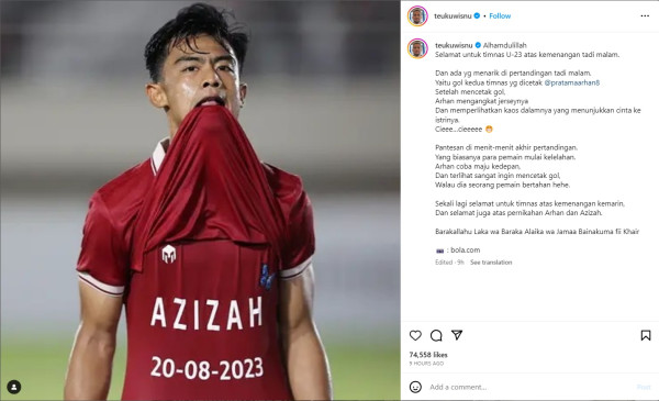 Ucapkan Selamat ke Timnas Indonesia U-23, Teuku Wisnu Soroti Kebucinan Pratama Arhan: Cie