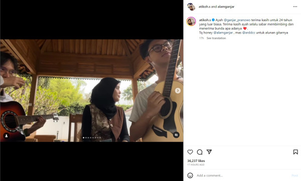Rayakan 24 Tahun Pernikahan dengan Ganjar Pranowo, Siti Atikoh Nyanyikan Lagu Romantis Diiringi Anak