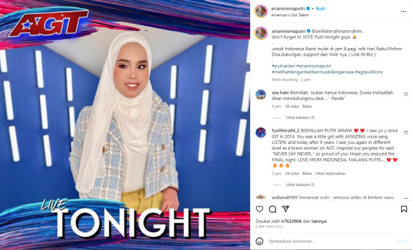 Putri Ariani Tampil di Final America's Got Talent 2023 Hari Ini
