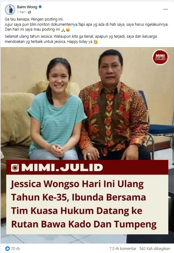 Bagikan Foto Jessica Wongso Ultah di Rutan, Baim Wong Tulis Pesan Menyentuh