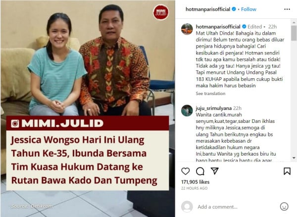 Ucapkan Selamat Ultah untuk Jessica Wongso, Hotman Paris: Harus Bebas