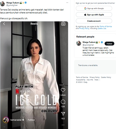 Netizen Sebut Tamara Dai Tidak Beretika, Cosplay Kasus Kopi Sianida Jessica Wongso