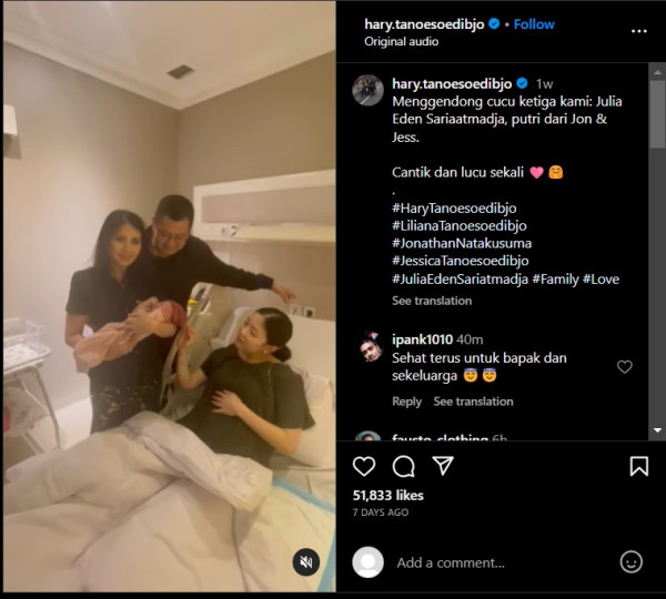Video Bahagia Hary Tanoesoedibjo dan Liliana Sambut Kelahiran Cucu Ketiga Sentuh 2 Juta Views