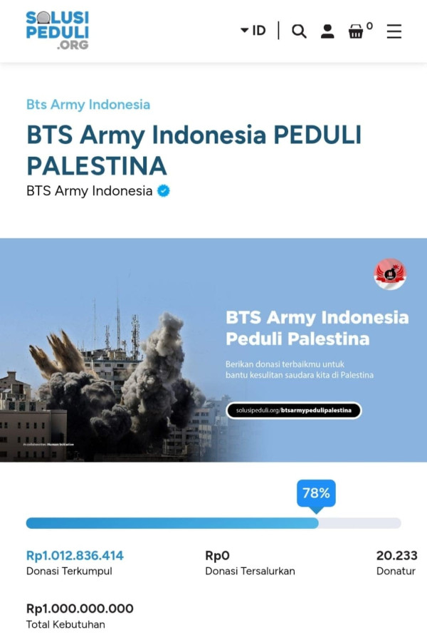 Donasi BTS ARMY Indonesia ke Palestina Tembus Rp1 Miliar dalam Waktu 2 Hari