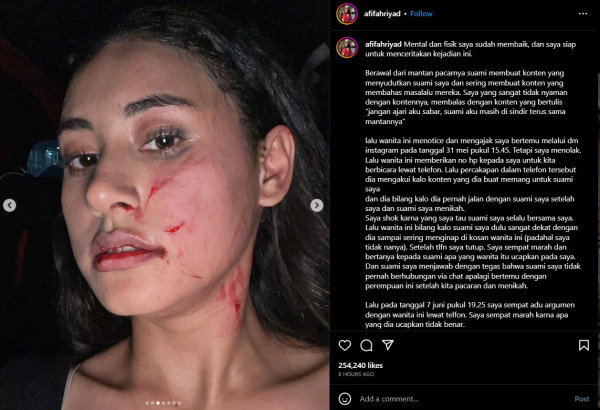 Selebgram Afifah Riyad Dianiaya Mantan Pacar Suami, Wajahnya Penuh Cakaran