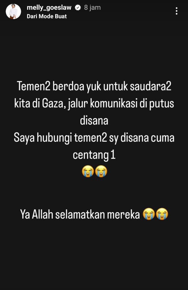 Melly Goeslaw Kesulitan Hubungi Teman di Palestina Akibat Komunikasi Jalur Gaza Putus